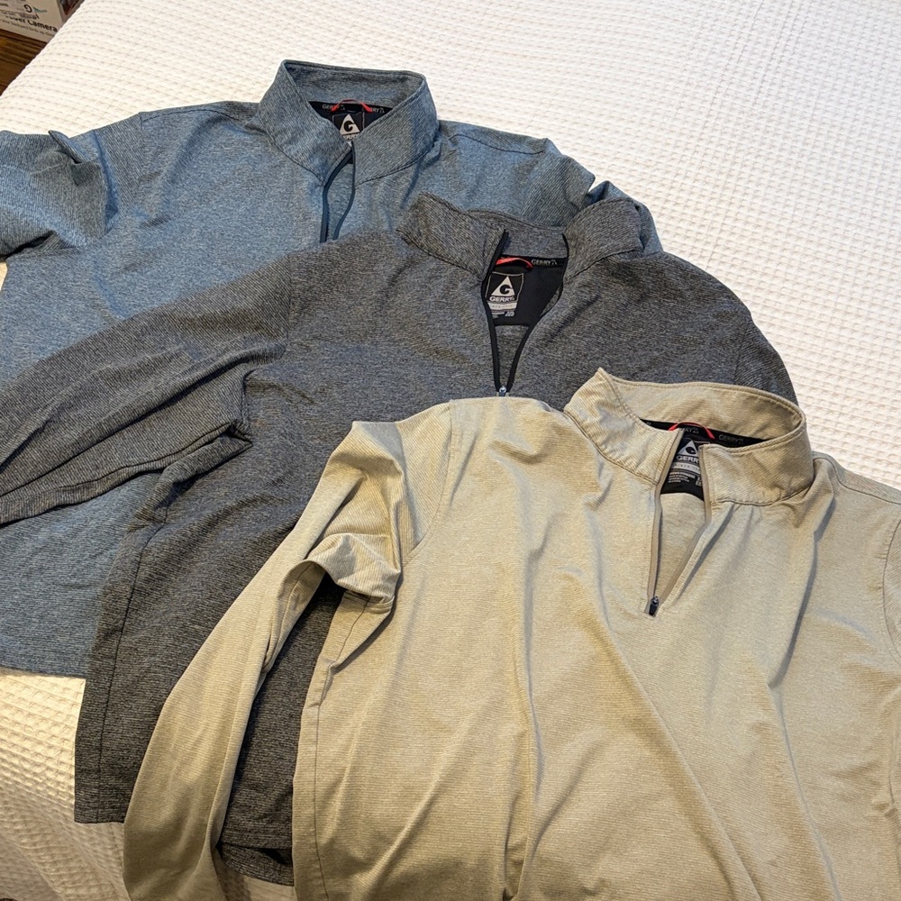 Gerry Trio of Quarter-Zip Pullovers in Blue, Gray, and Tan